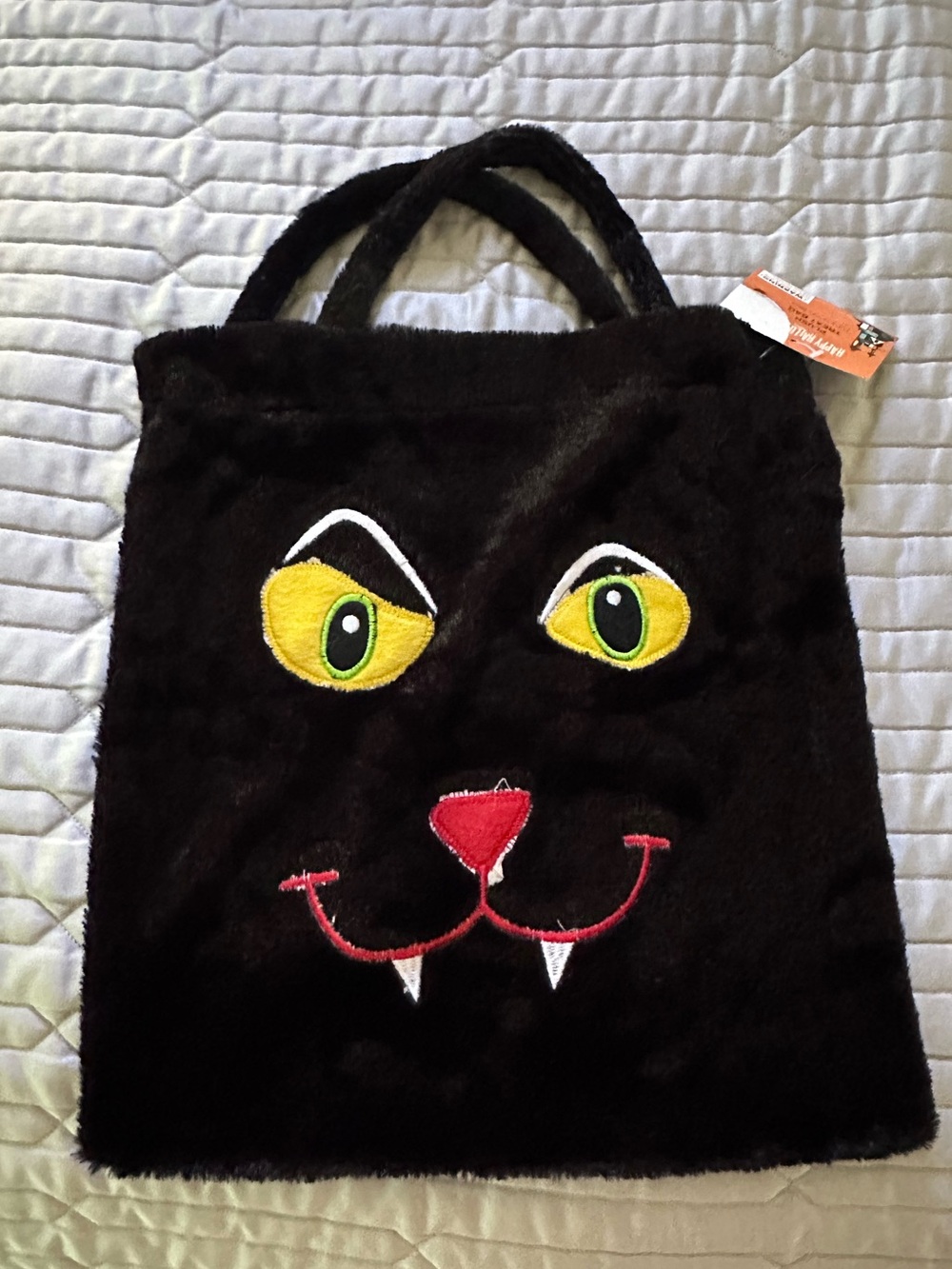 Kids Black Plush Cat Face Halloween Tote Bag with Yellow Eyes